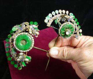 Large Pair Antique Chinese Jade Pearl Coral Hair Pins Gilt Metal Estate Fresh photo