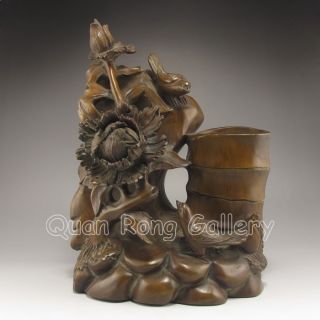 Chinese Wood Brush Pot W Bird & Lotus Nr photo