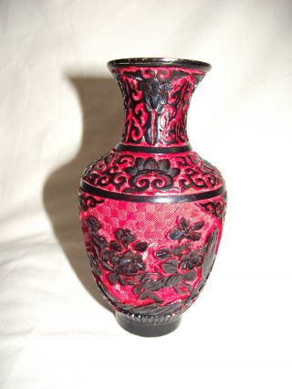 Oriental Floral Red/black Cinnabar Lacquer Vase 17cm Tall (b) photo