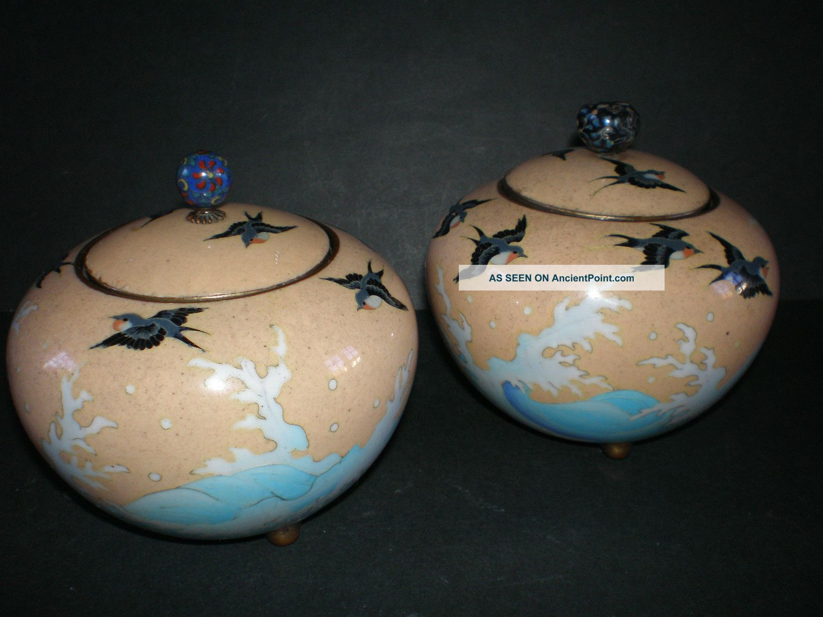 19thc Pair Of Japanese Cloisonne Enamel Lidded Pots,  Swallows And Sea Decoration Cloisonne photo