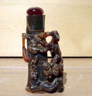 Antique 19c Large Chinese Asian Carved Amber Horn Snuff Bottle photo