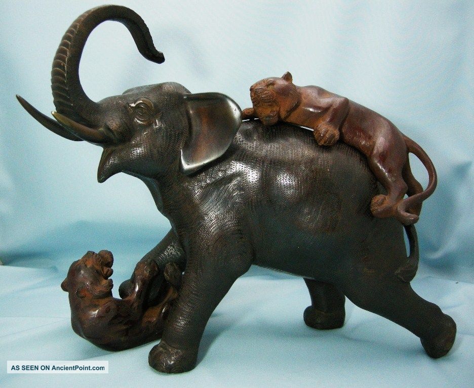 Japanese Old Bronze Okimono Elephant And Tigers Statues photo