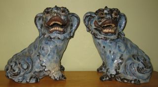 Old Antique Pair Of Smiling Pottery Fu Foo Dogs Japanese/chinese Estate Item photo