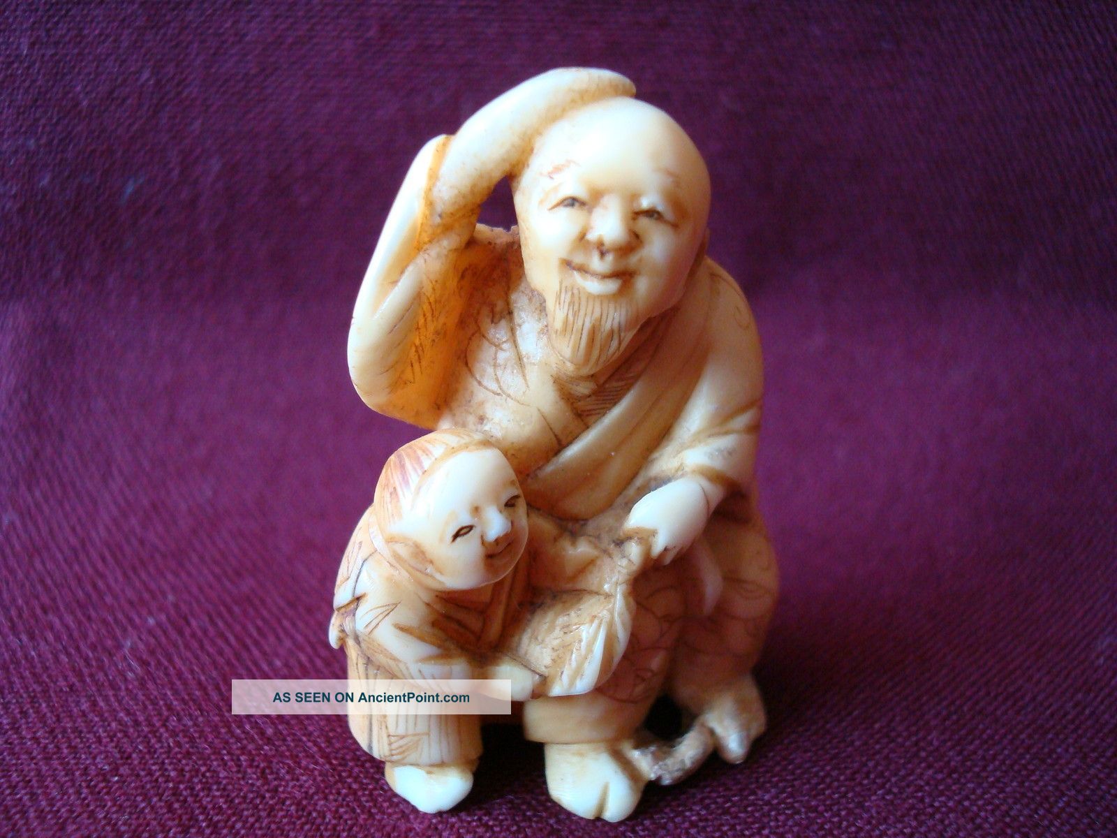 Fine Antique Japanese Ox - Bone Netsuke Man And A Boy Signed Netsuke photo