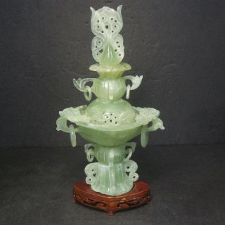 F185: Chinese Green Stone Ware Incense Burner With Good Work W/stand photo
