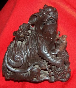Rare Old Estate Dark Chinese Carved Soapstone Foo Dog Lions Family Sculpture photo