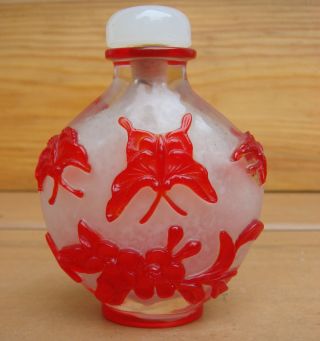 Antique Asian Chinese 19c Peking Glass Butterfly Snuff Bottle photo