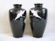 2 Vtg Black Japanese Sato Ginbari Enamel Cloisonne Vases Silver Rim Cranes Birds Vases photo 5