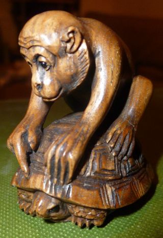 Fine Netsuke Curious Monkey On Tortoise Intricately Carved C20th Signed Rare photo