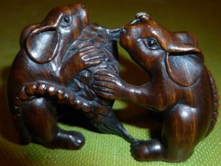 Fine Netsuke / Okimono 2 Rats Fighting Over A Fish Intricately Carved C20th Rare photo