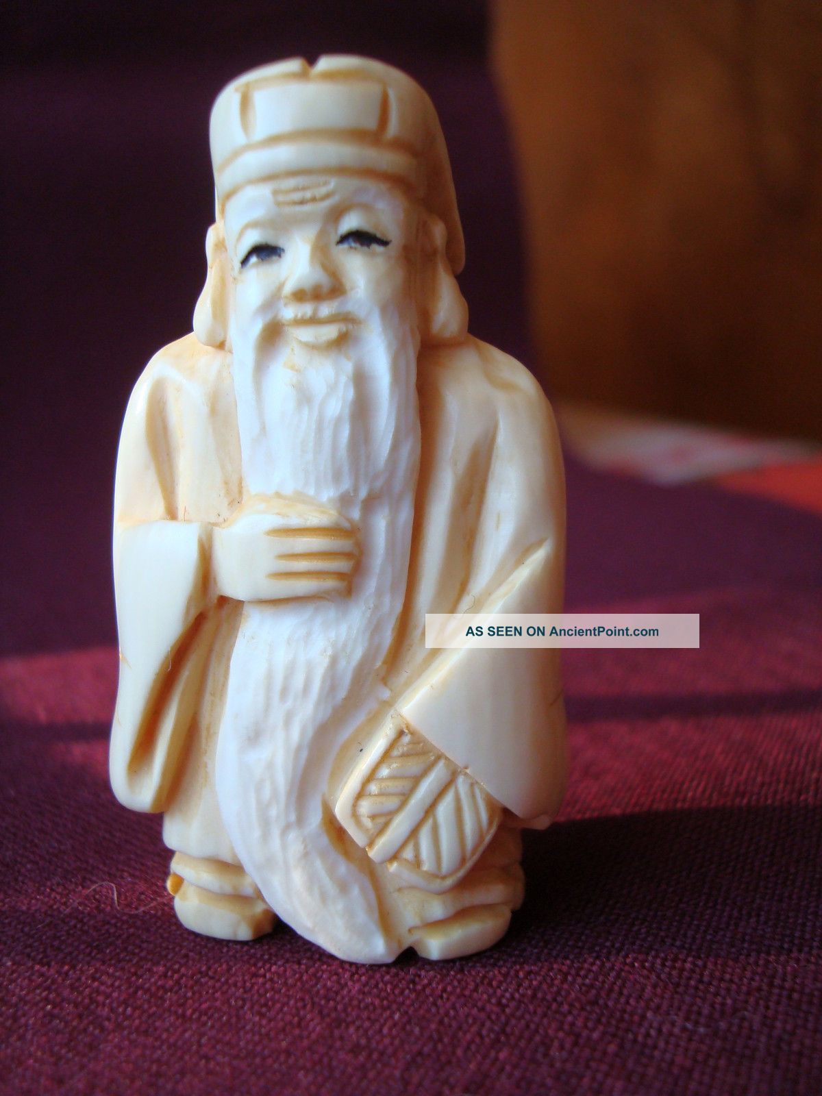 Japanese Antique Ox - Bone Netsuke Standing Sage With Very Long Beard,  Signed Netsuke photo