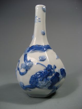 China Chinese Blue White Pottery Bulbous Vase W/ Relief Dragon Decor 19th C. photo