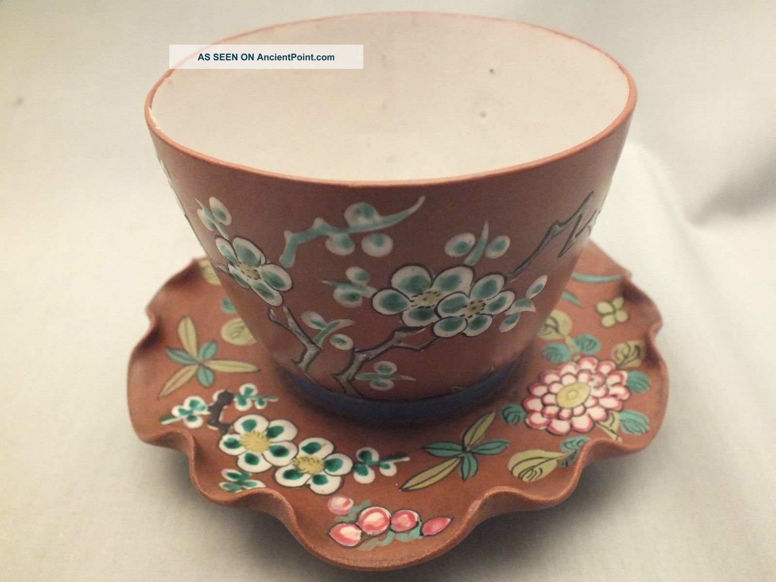 Chinese Yixing Red Pottery Beaker & Stand With Bright Enamel Decoration 19thc Porcelain photo