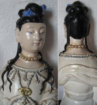 Vintage Chalk Or Plaster Statuette Of Kwan Yin,  Buddhist Goddess Of Compassion photo