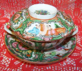 Antique 3 Piece Rose Canton Mandarin Covered Soup Bowls photo