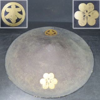F082: Real Old Japanese Lacquered Samurai Military Hat Jingasa With Family Crest photo