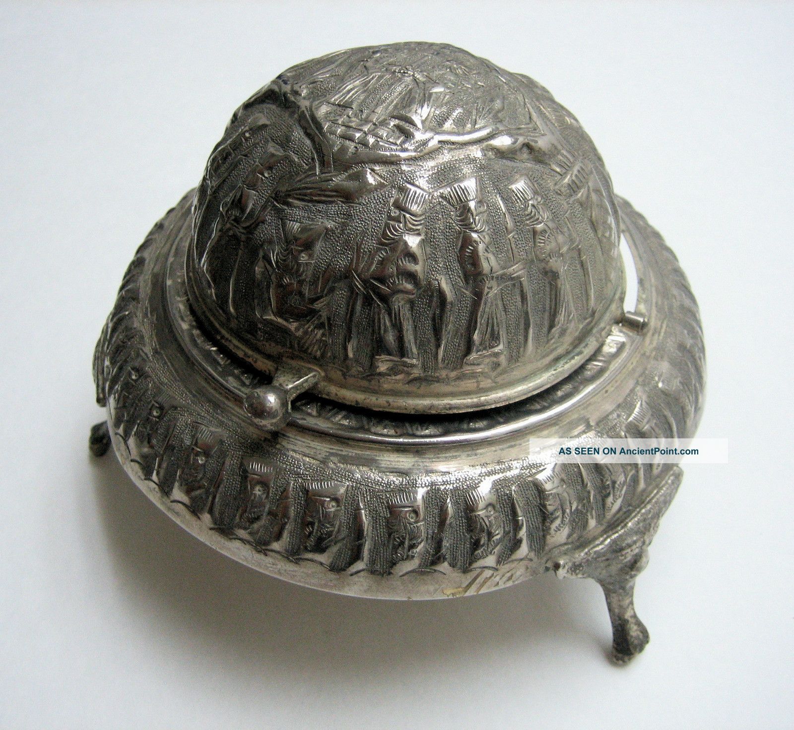 Antique Persian Hand Tooled Nickel Silver Ornate Covered Caviar Serving Dish Middle East photo