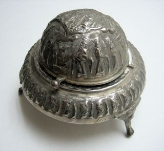 Antique Persian Hand Tooled Nickel Silver Ornate Covered Caviar Serving Dish photo