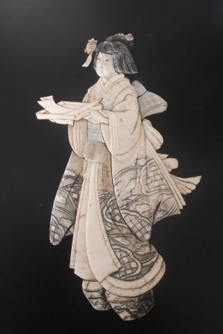 Japanese Antique Meiji Carved Cow Bone Panel Shibayama Geisha Girl 19c photo