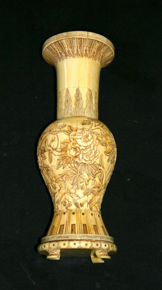 Rare Pair Of Antique Oriental Hand Carved Ox Bone Vases,  Will Seperate photo