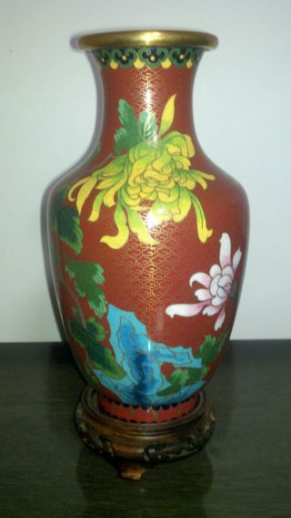 Antique Chinese Cloisonne Vase - Floral Motif With Ruyie Border And Carved Base photo