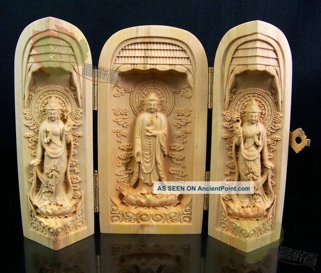 Chinese Wood Carved Boxwood Kwan - Yin Buddha Statue Sculpture Netsuke Amulet Art Buddha photo