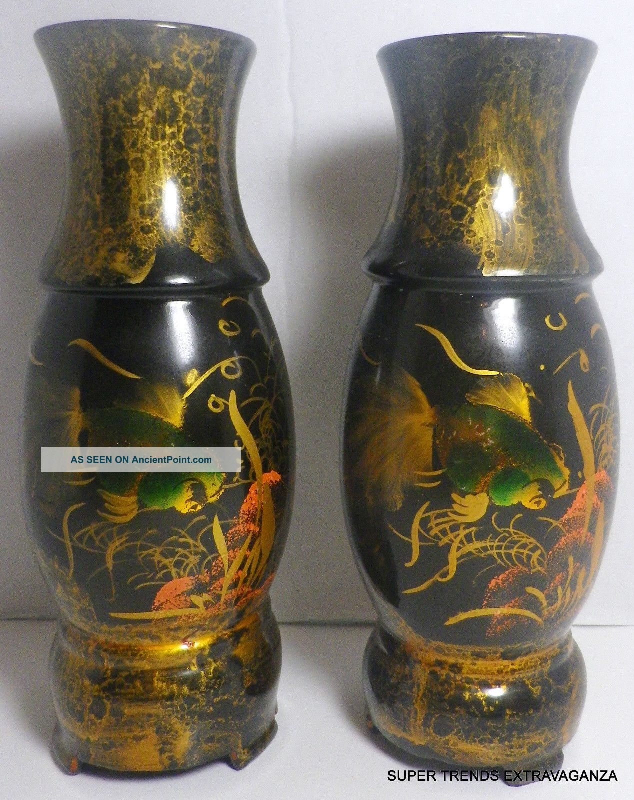 Pair Of 2oth Century Chinese Wooden Lacquer Hand Painted Koi Fish Vases Vases photo