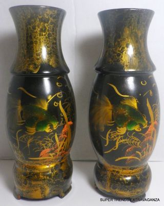 Pair Of 2oth Century Chinese Wooden Lacquer Hand Painted Koi Fish Vases photo