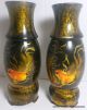Pair Of 2oth Century Chinese Wooden Lacquer Hand Painted Koi Fish Vases Vases photo 1