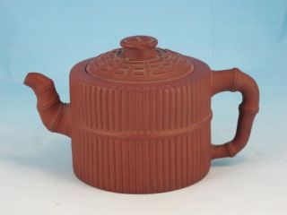 Signed Antique Chinese Yixing Pottery Ying Yang Teapot Reeded Sides 19thc Nr photo
