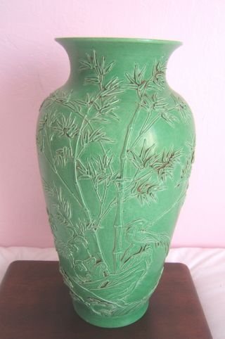 Antique Chinese Asian Signed Green Applied Birds Bamboo Vase As Found photo