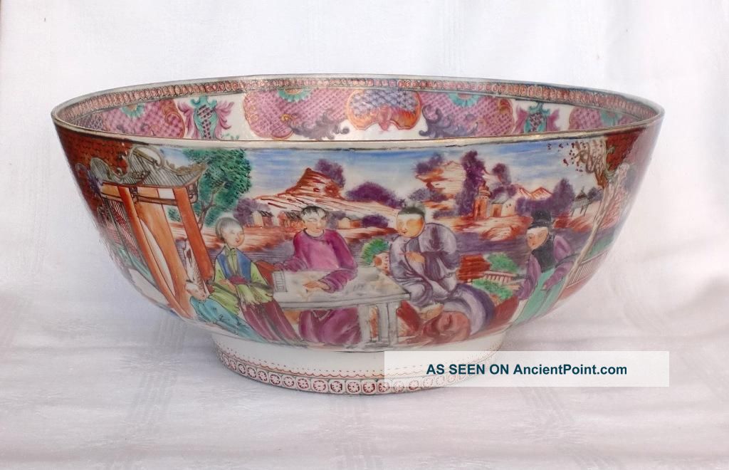 Large 18thc Chinese Punch Bowl Hand Painted With The Mandarin Pattern Porcelain photo