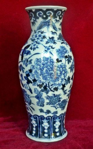 Antique Chinese Blue & White Vase,  Painted Birds & Flowers,  Kangxi Mark,  19th C photo