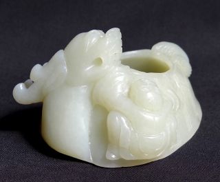 Chinese He Tian White Jade Brush Washer Carved Dragon Turtle And A Child 772 photo
