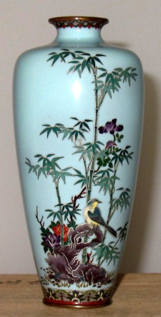 Fantastic Japanese Cloisonne Vase W/ Bird In Bamboo - Thick And Thin Silver Wire photo