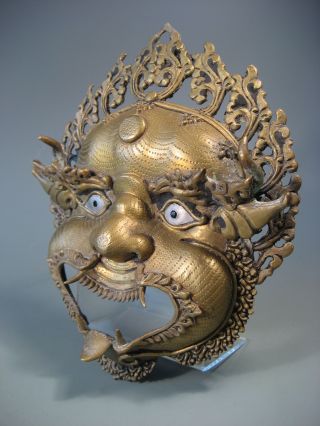 Fine Sino Tibet Tibetan Brass Fierce Deity Mask W/ Inlaid Eyes Ca.  Early 20th C. photo