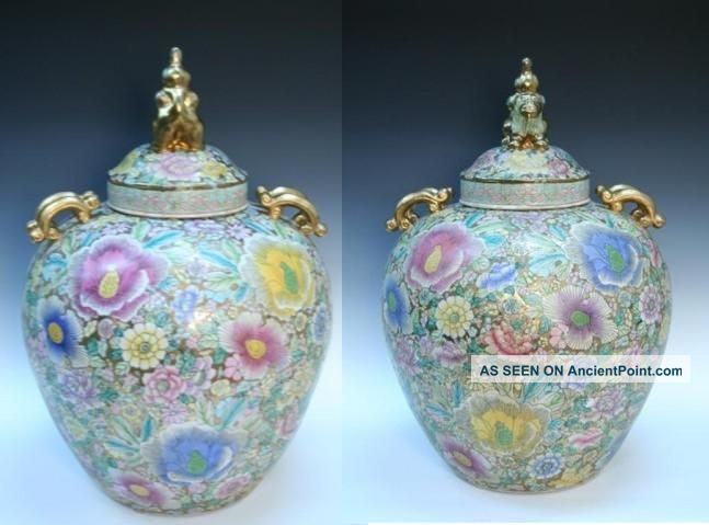 Pair Of Large Chinese Mille Fleur 1000 Flowers Ginger Jars W/ Foo Lion Vases photo