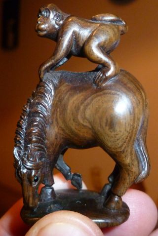 Fine Dark Wood Netsuke Monkey On Horse Intricately Carved Rare Signed C20th photo