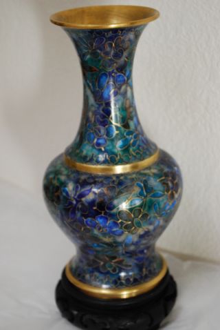 Vintage Chinese Kuo ' S Cloisonne Vase With Wood Base 9 