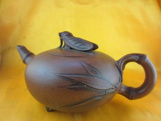 Chinese Antique Yixing Teapot Vivid Cicada Rest Bamboo Leaves Delicate Carving photo