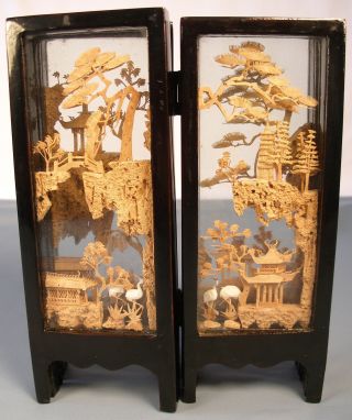 Chinese~lacquered Frame~hand - Carved Four Panel Fold Out Screen~glass Encased photo