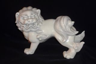 Vintage Porcelain White Foo Dog - Temple Lion - Large - Dated & Signed photo