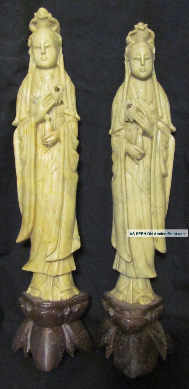 Matching Pair Of Chinese Carved Soapstone Figures Of Quan Yin Men, Women & Children photo