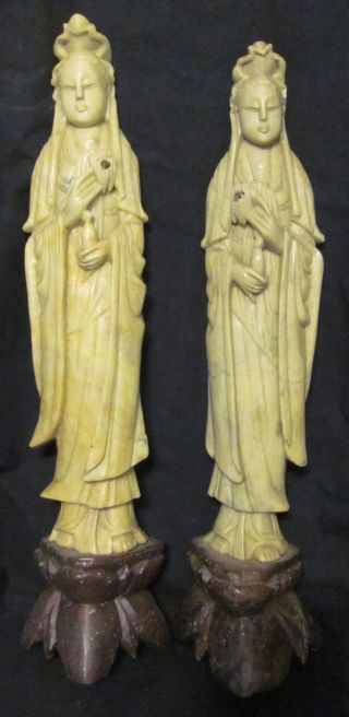 Matching Pair Of Chinese Carved Soapstone Figures Of Quan Yin photo