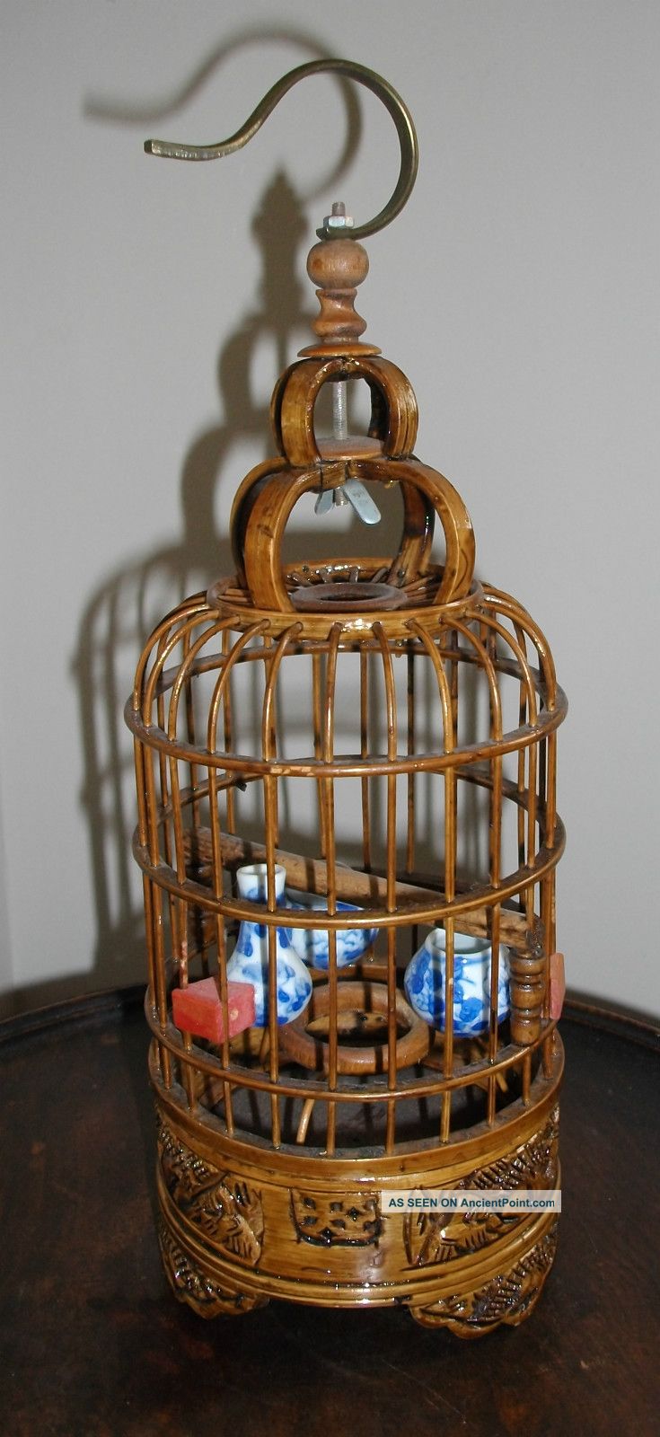 A Chinese Carved Bamboo Birdcage With 3 Miniature Blue & White Vessels Inside Woodenware photo