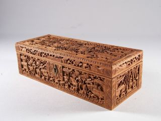 19c Chinese Cantonese Export Sandalwood Figural Box Carved In Deep Relief photo