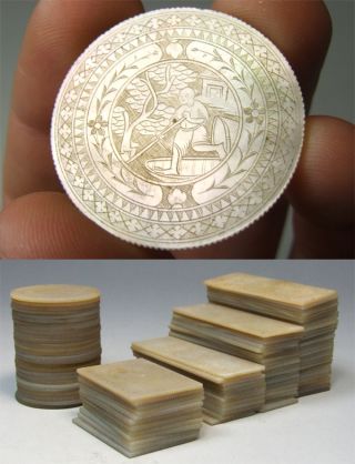 19th Century Chinese Mother Of Pearl Gaming Counters - Full Set Of 99 Pieces photo