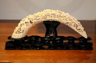 Chinese Cantonese Antique Carved Cow Bone On Wood Stand,  1800s photo