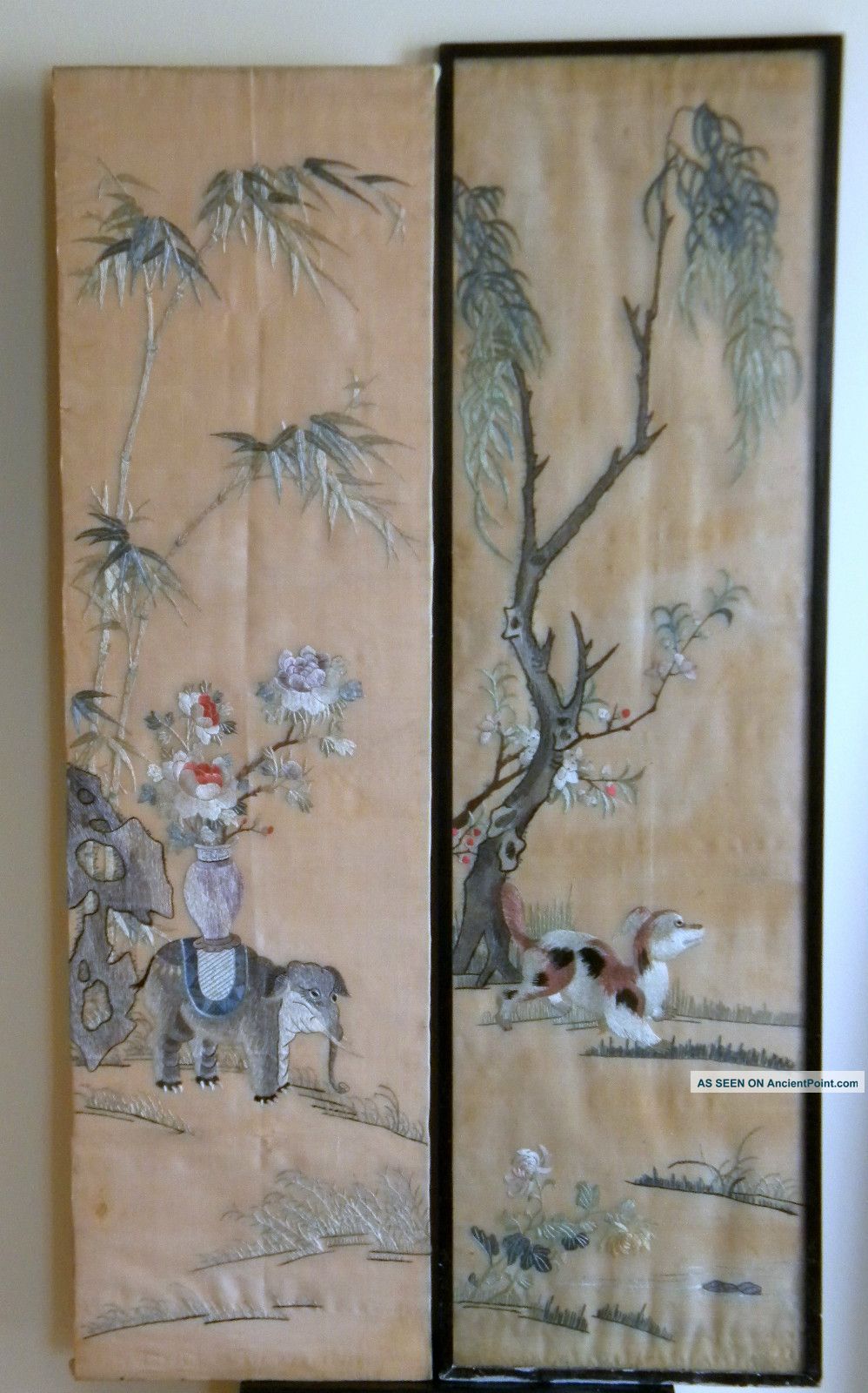 Pair Of 19th Century Silk Panels,  Long Stitch Embroidery,  114cm Textiles photo