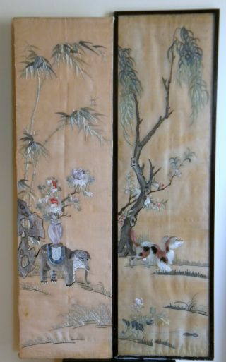 Pair Of 19th Century Silk Panels,  Long Stitch Embroidery,  114cm photo